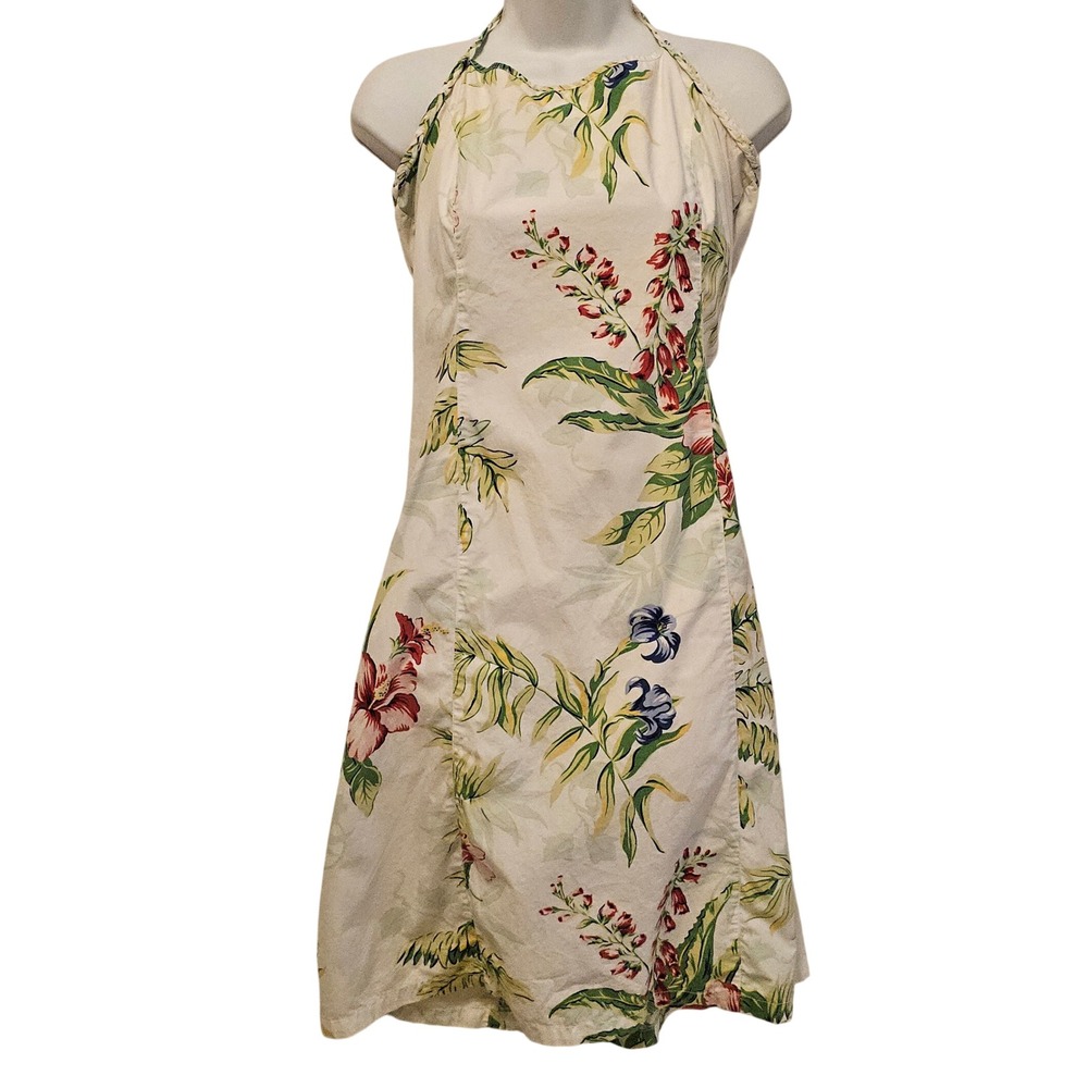 Tommy Hilfiger Womens Floral Halter Dress Cotton Tropical Hibiscus Cream Size 12